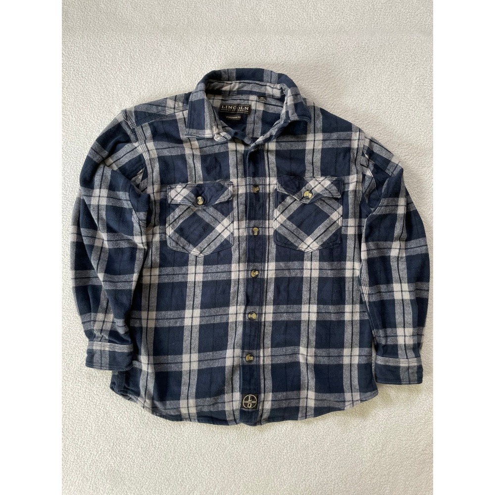 Lincoln Outfitters Men Small Flannel Shirt‎ Navy Blue Plaid Foreman Fit Stretch